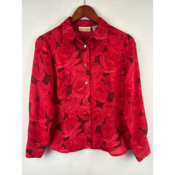 Apostrophe Petite Red Rose Pattern Button-Up Blouse 6P - Picture 2 of 5